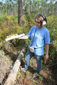 Nancy Albury tracks cave pingers on the surface. Photo by Brian Kakuk